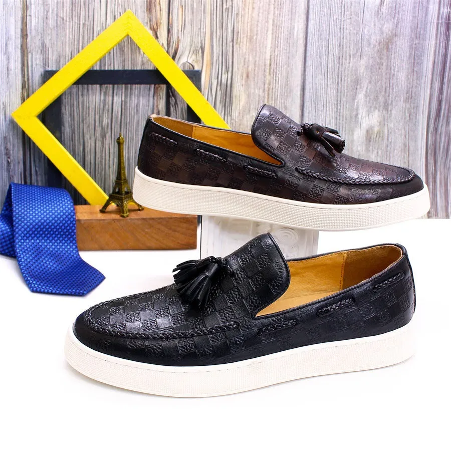 2024 Men's Casual Leather Shoes Genuine Leather Retro Tassel Loafers Everyday Joker Slip-on Flat Panel Pumps