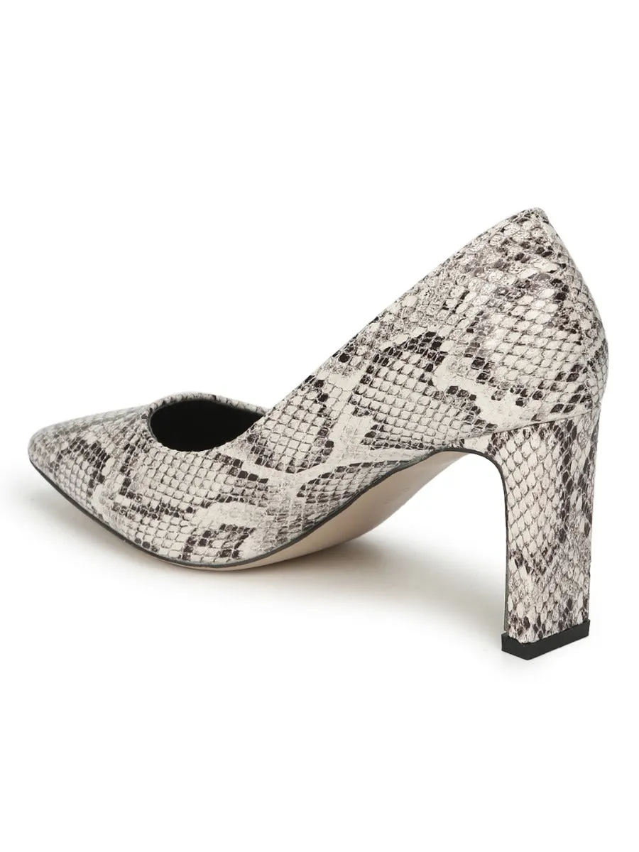 Beige PU Snake Pattern Slim Block Heel Pumps