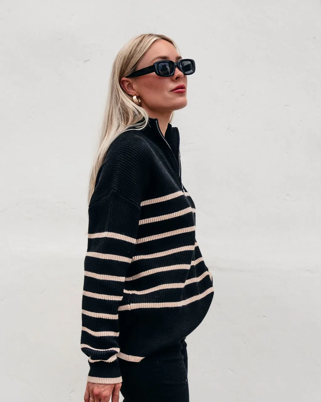 Black and Taupe Striped Zip Up Sweater - FINAL SALE