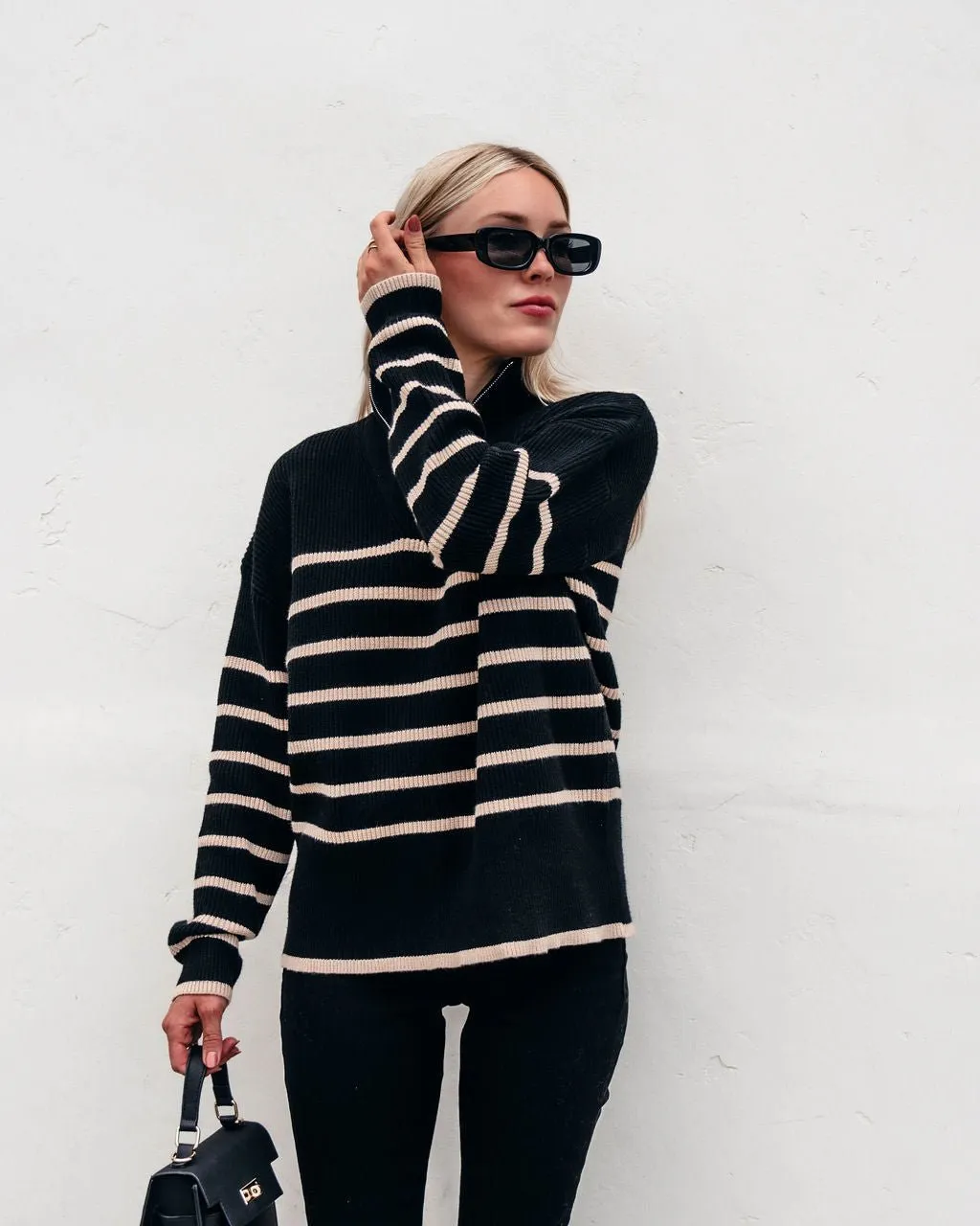 Black and Taupe Striped Zip Up Sweater - FINAL SALE