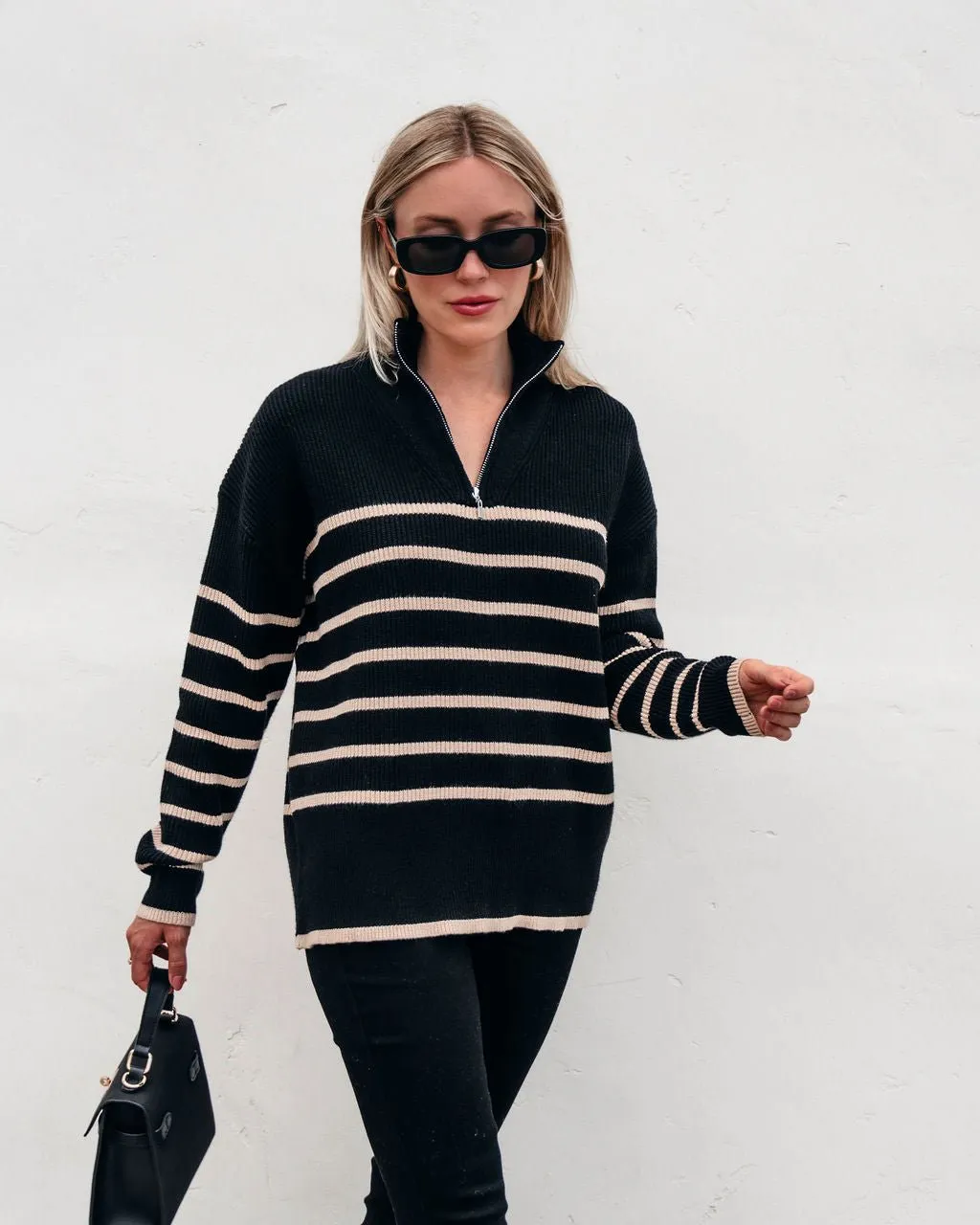 Black and Taupe Striped Zip Up Sweater - FINAL SALE