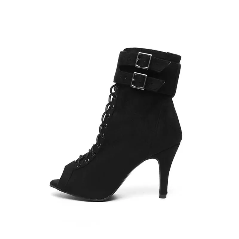 Black Lace Up With Buckled Peep Toe Dance Shoes