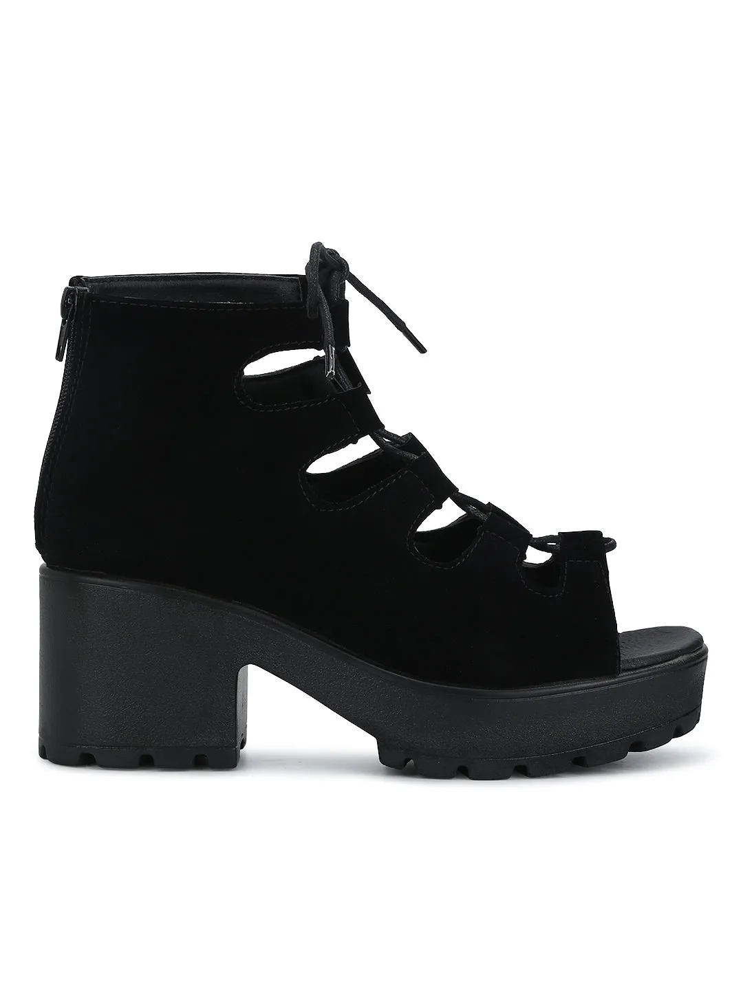 Black Micro Lace-up Cleated Platform Block Heels