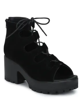 Black Micro Lace-up Cleated Platform Block Heels