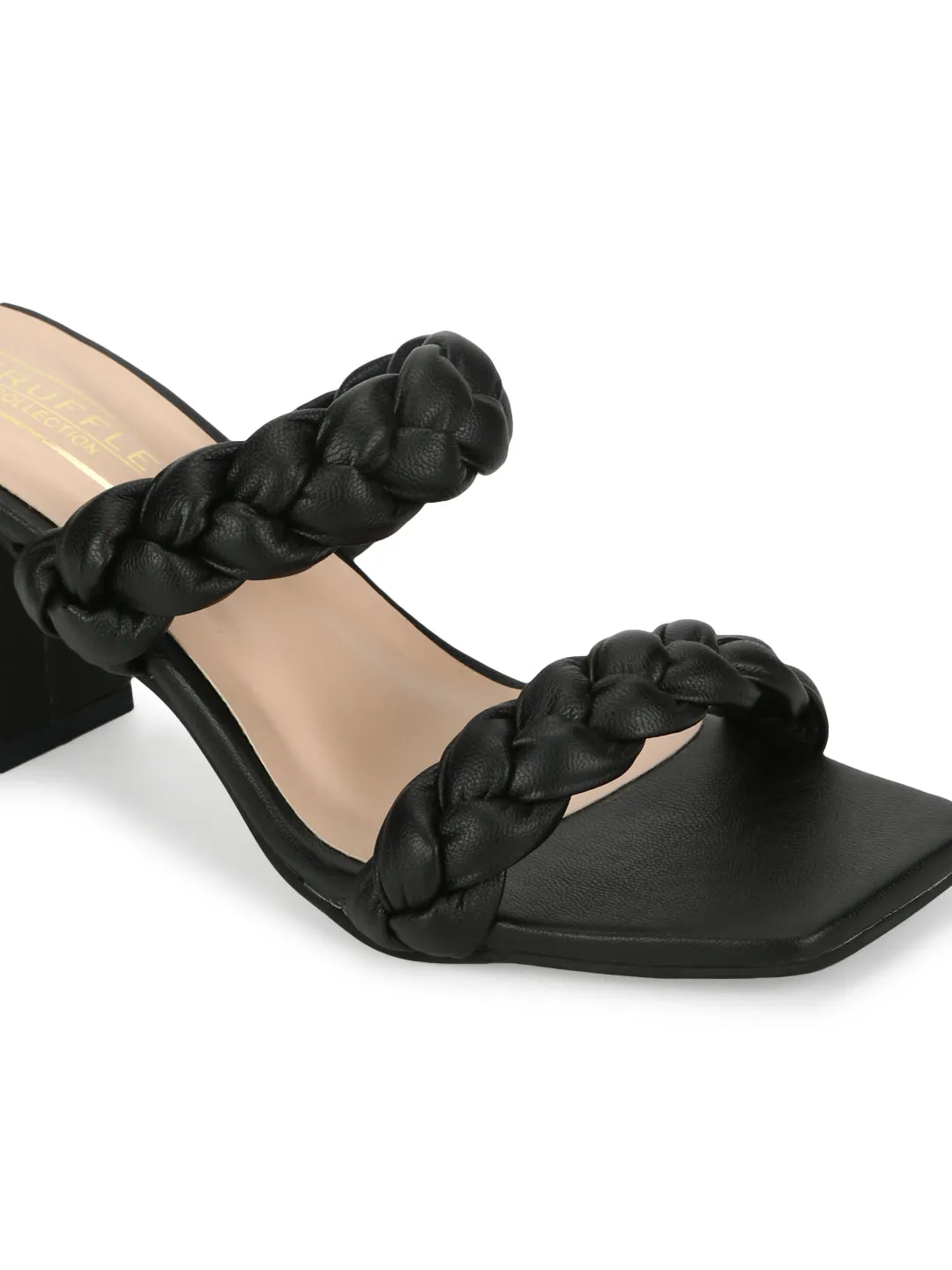 Black PU Braided Block Heel Mules (SLC-B-31)