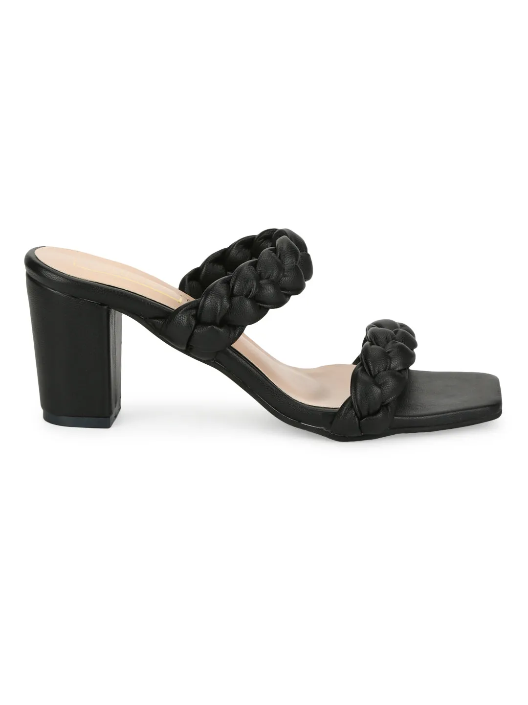 Black PU Braided Block Heel Mules (SLC-B-31)