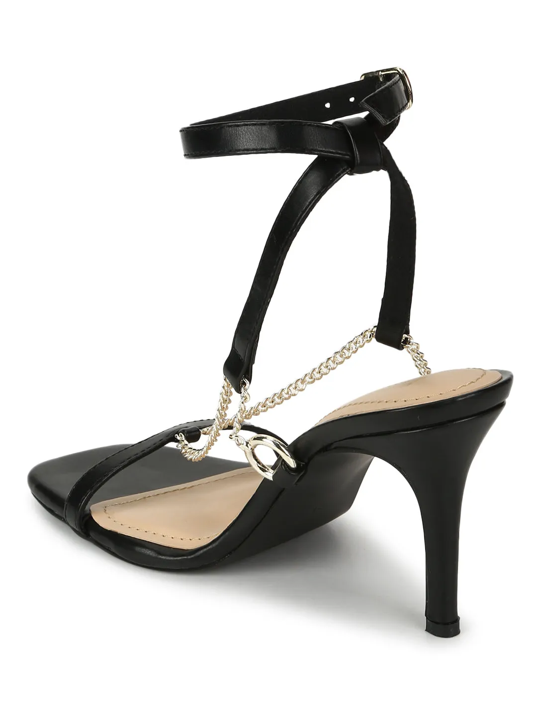 Black PU Gold Chained Strappy Stilettos