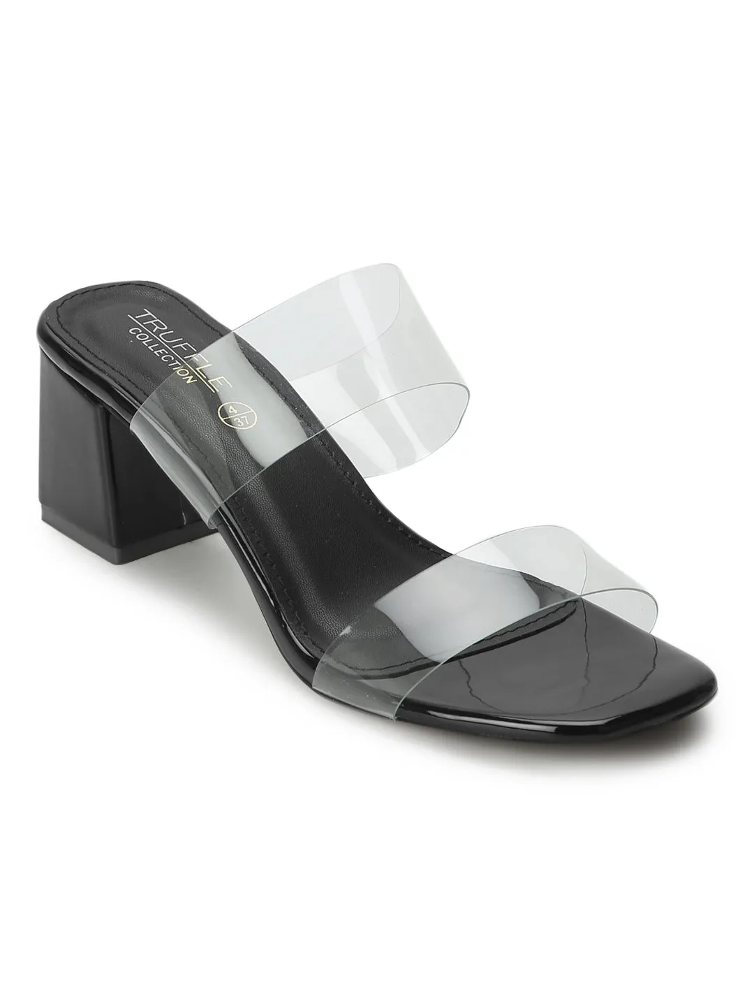 Black PU Slip On Mules With Clear Straps