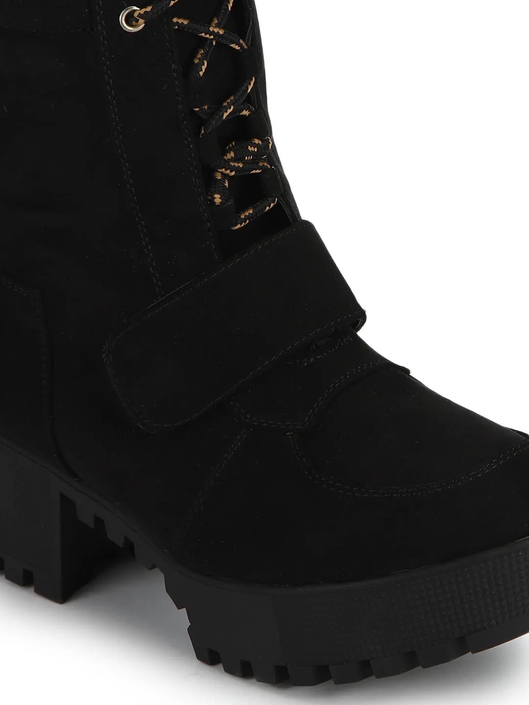 Black Suede Cleated Bottom Low Heel Ankle Boots