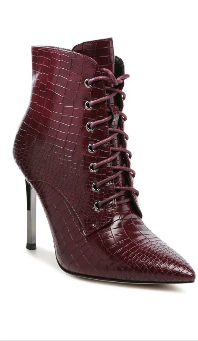 Burgundy stiletto heel lace-up bootie