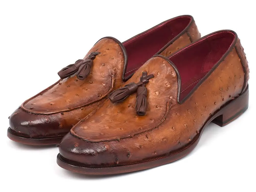 Camel Brown Ostrich Leather Tassel Slip-Ons by Paul Parkman