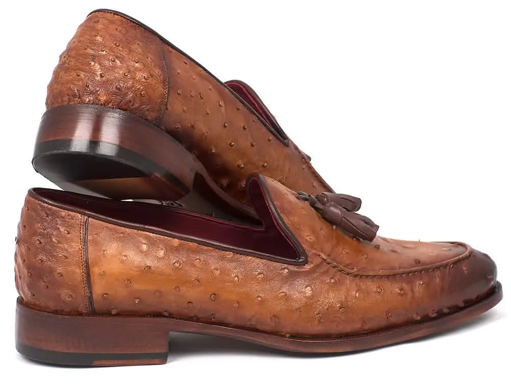 Camel Brown Ostrich Leather Tassel Slip-Ons by Paul Parkman