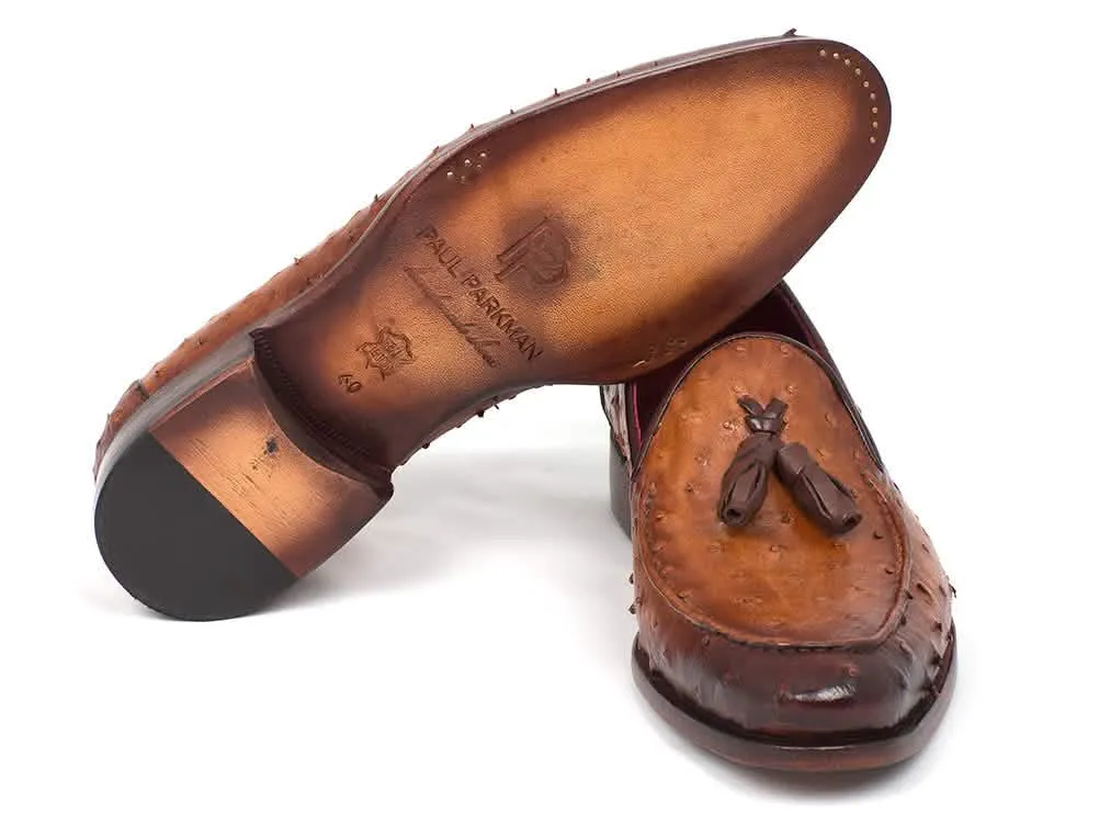 Camel Brown Ostrich Leather Tassel Slip-Ons by Paul Parkman