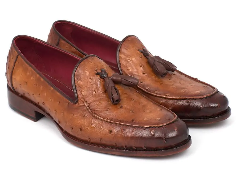 Camel Brown Ostrich Leather Tassel Slip-Ons by Paul Parkman