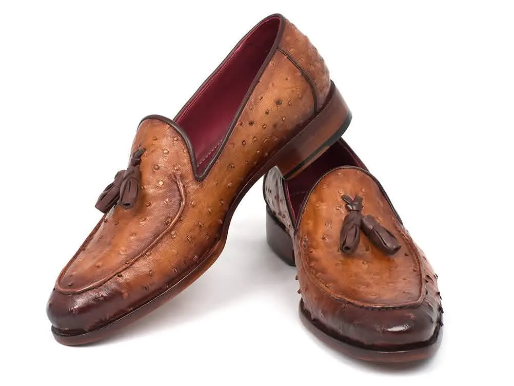 Camel Brown Ostrich Leather Tassel Slip-Ons by Paul Parkman