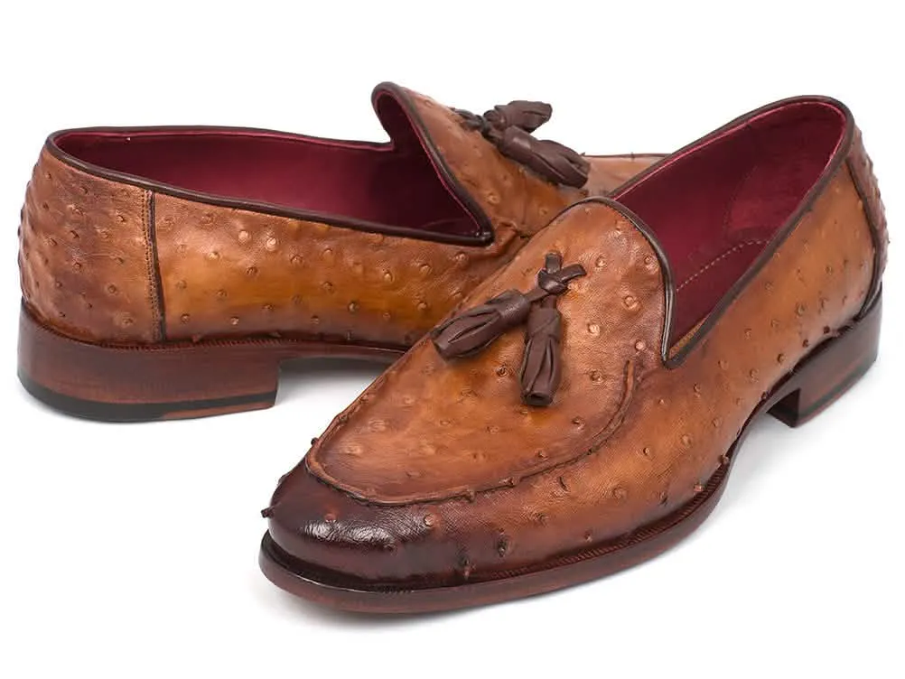 Camel Brown Ostrich Leather Tassel Slip-Ons by Paul Parkman