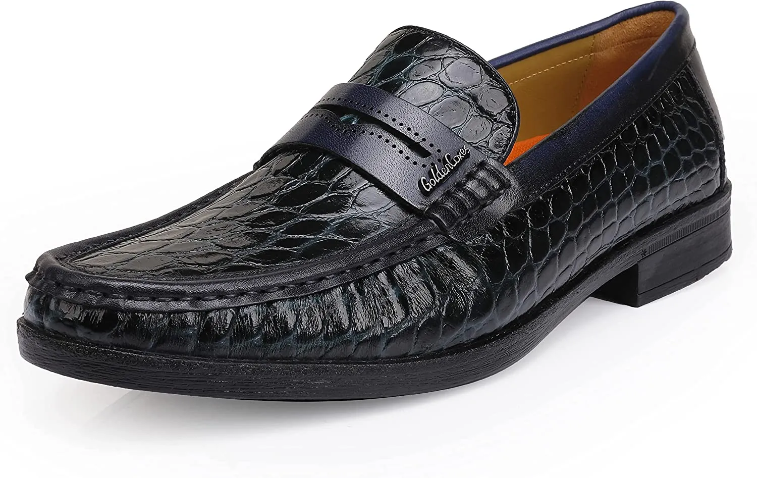 Crocodile Printed Black Leather Slip-On Penny Loafers