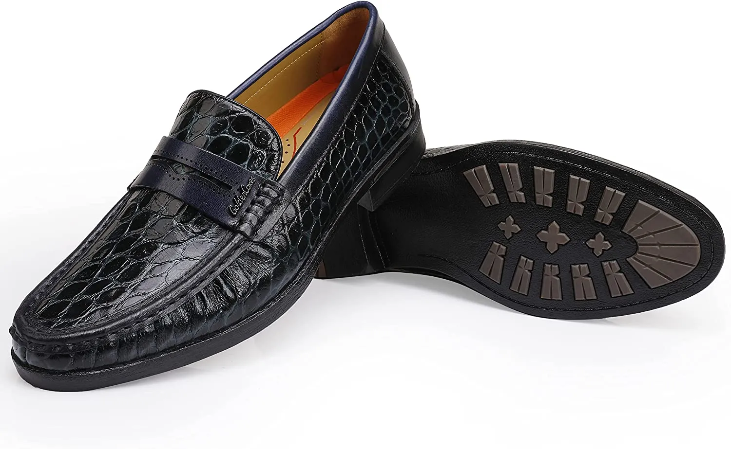 Crocodile Printed Black Leather Slip-On Penny Loafers