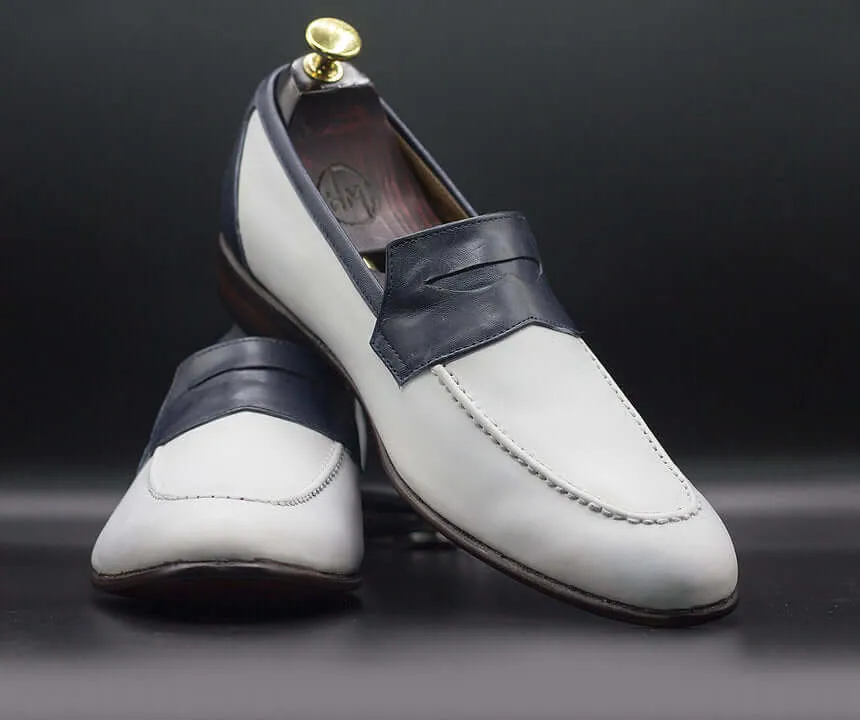 Elegant Handmade Men's Black & White Leather Round Toe Loafers, Men Dress Formal Party Loafers