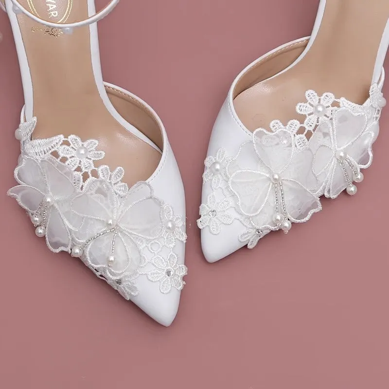 Elegant Pearl Lace Flower Wedding Shoes High Heels