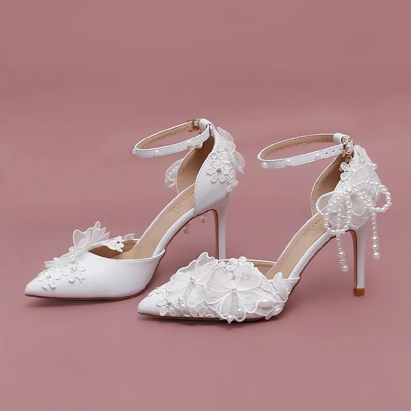 Elegant Pearl Lace Flower Wedding Shoes High Heels