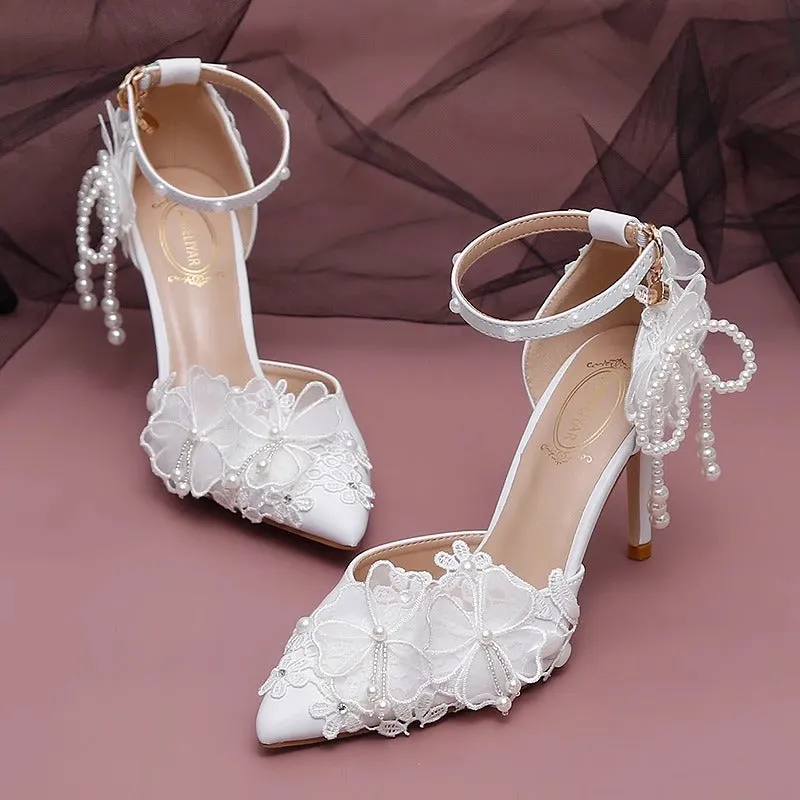 Elegant Pearl Lace Flower Wedding Shoes High Heels