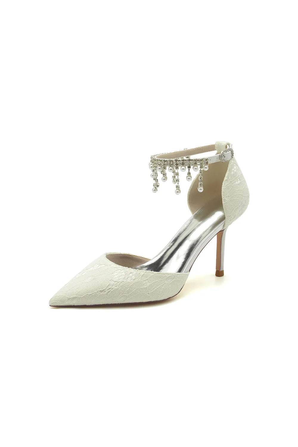 Elegant White Ankle Strap Pearl Beaded Wedding Shoes