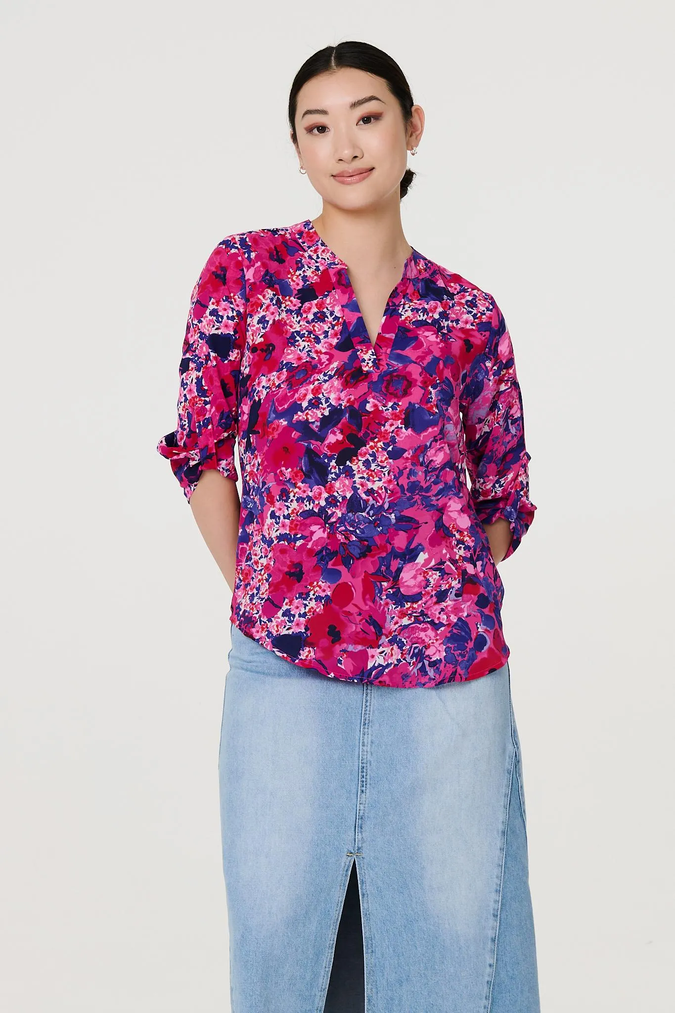 Floral 3/4 Sleeve Collarless Blouse