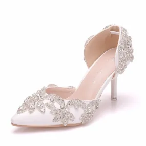 Floral rhinestone closed toe elegant bridal stiletto heels