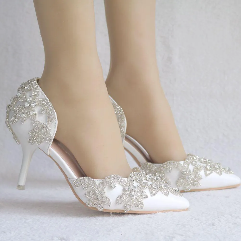 Floral rhinestone closed toe elegant bridal stiletto heels