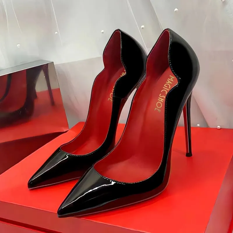 Glossy Black Stiletto Heels with Red Sole 12cm Pointed Style