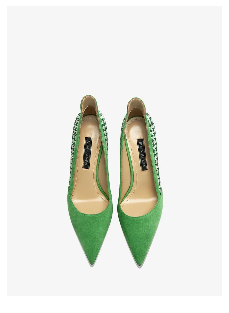 Green Stiletto high heels for women feature a classic houndstooth pattern- Polina