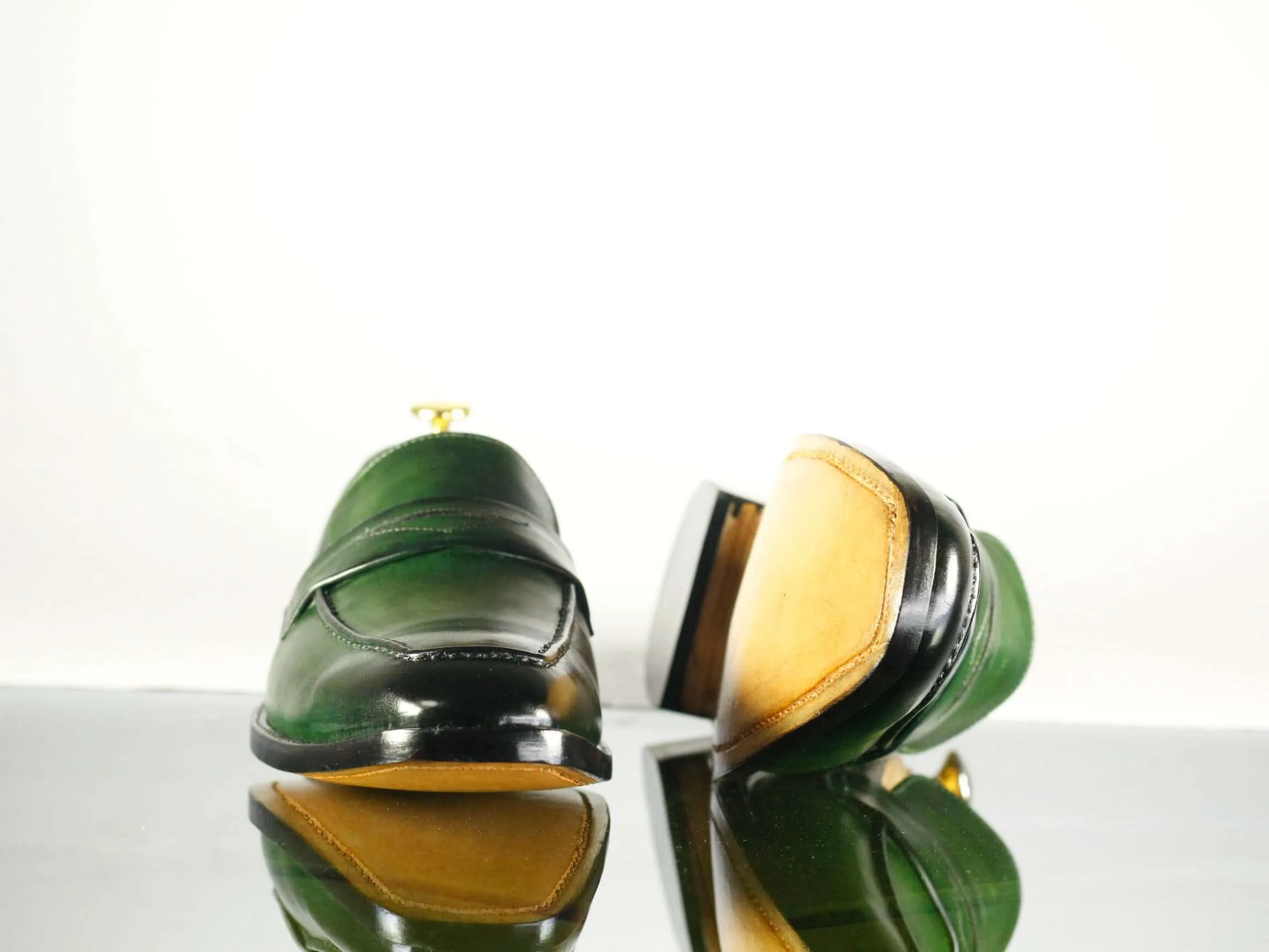 Handmade Men's Green Leather Penny Loafer Shoes, Men Designer Dress Formal Luxury Shoes