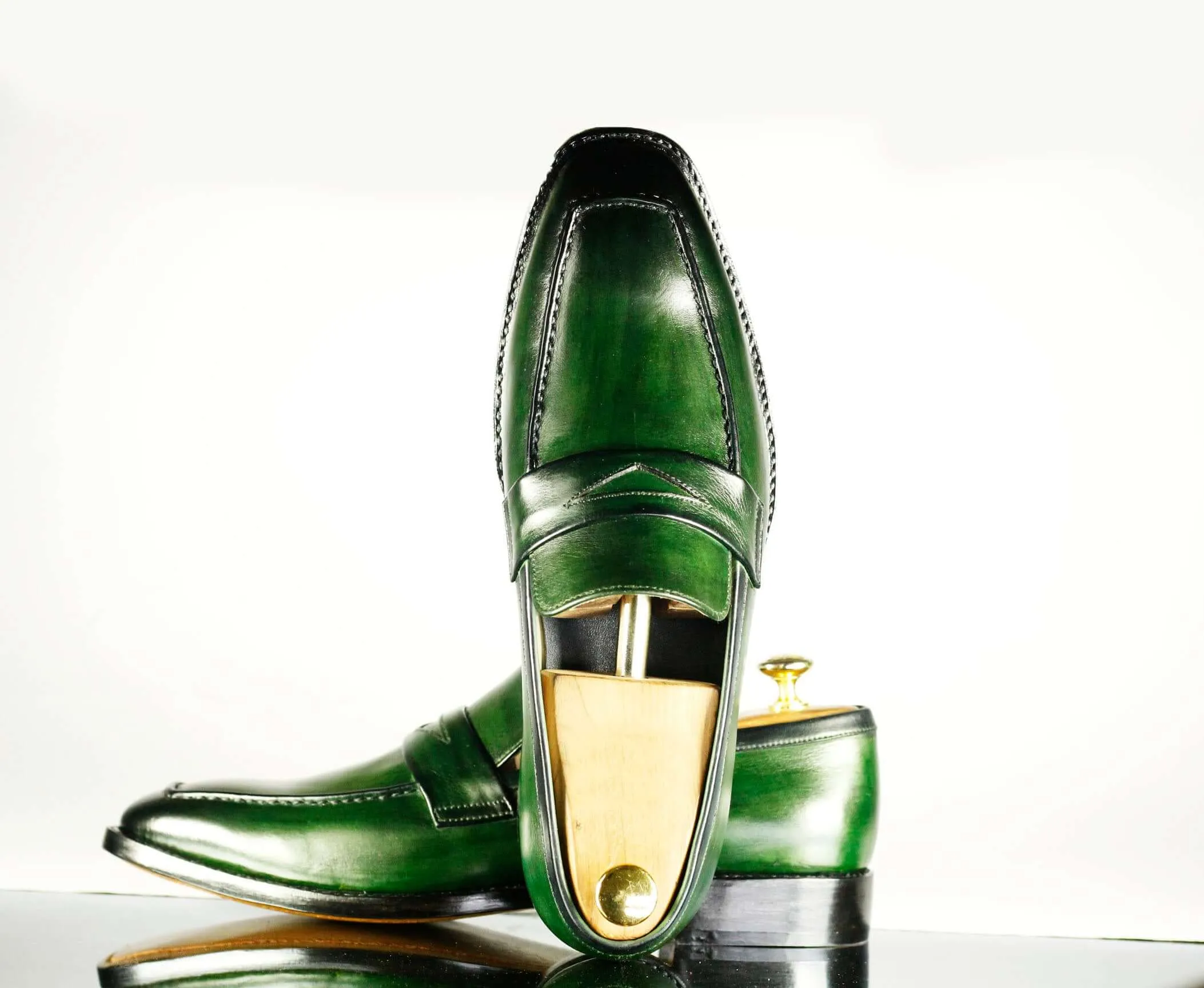 Handmade Men's Green Leather Penny Loafer Shoes, Men Designer Dress Formal Luxury Shoes