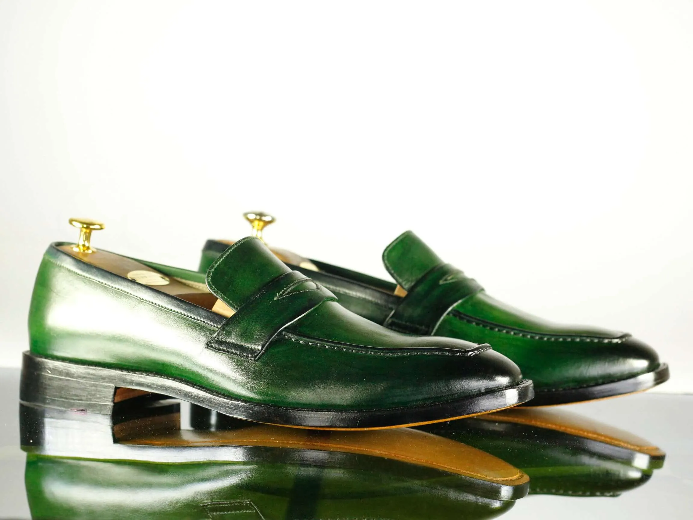 Handmade Men's Green Leather Penny Loafer Shoes, Men Designer Dress Formal Luxury Shoes