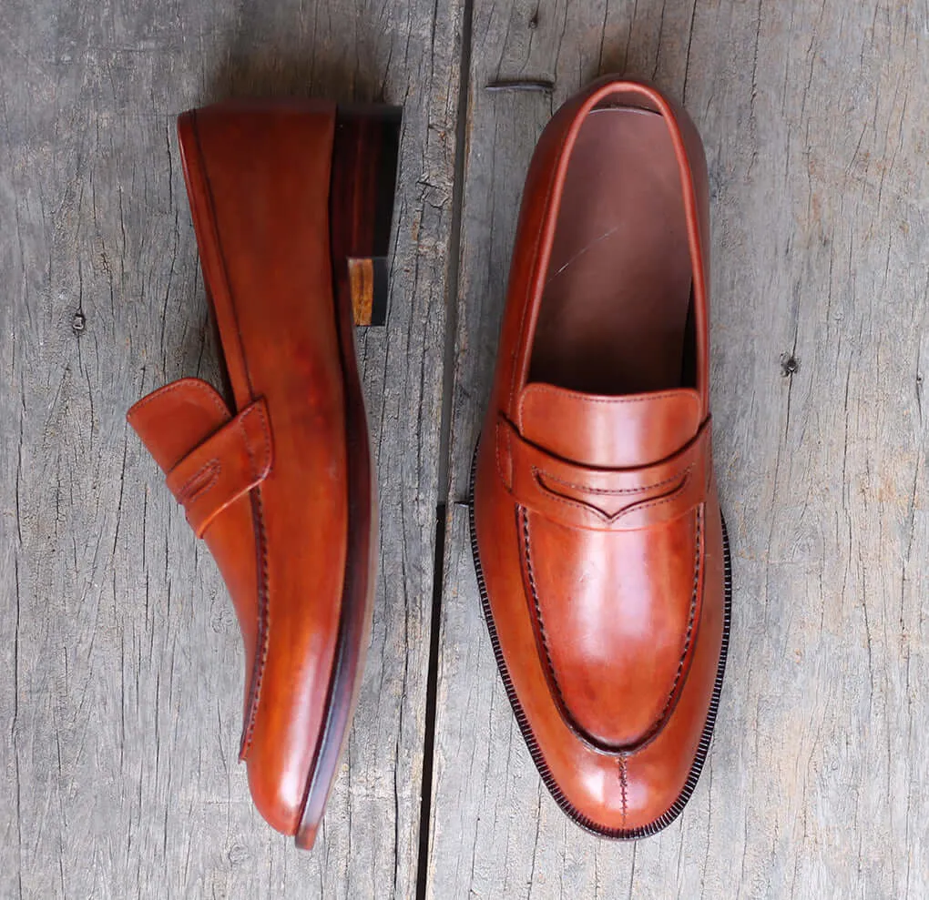 Handmade Men's Tan Leather Penny Loafer Shoes, Men Designer Dress Formal Luxury Shoes