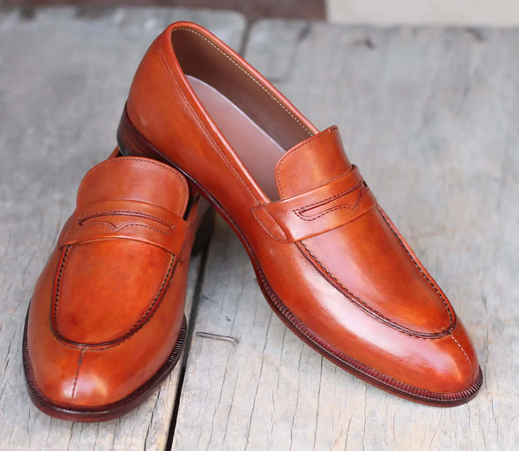 Handmade Men's Tan Leather Penny Loafer Shoes, Men Designer Dress Formal Luxury Shoes