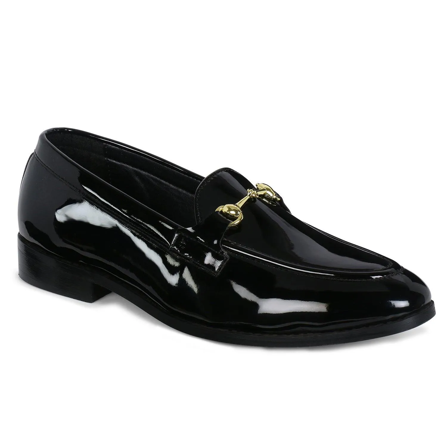 Henley Patent Black Horsebit Buckle Loafers.