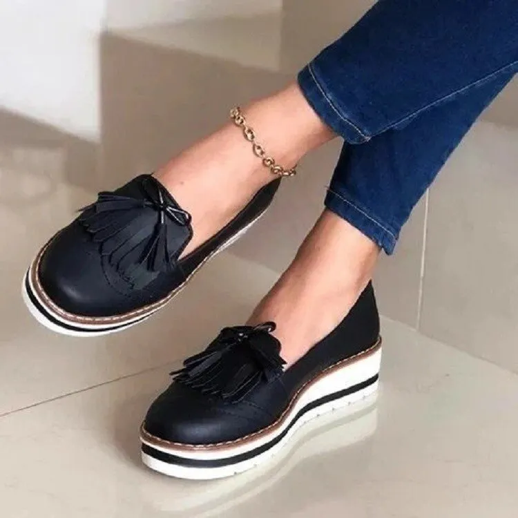 JOSKAA  Spring Autumn Women Tassel Slip on Loafers Woman Casual Sneakers Ladies PU Leather Flat Female Platform Shoes Zapatos De Mujer