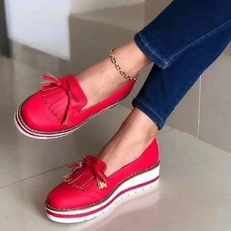 JOSKAA  Spring Autumn Women Tassel Slip on Loafers Woman Casual Sneakers Ladies PU Leather Flat Female Platform Shoes Zapatos De Mujer