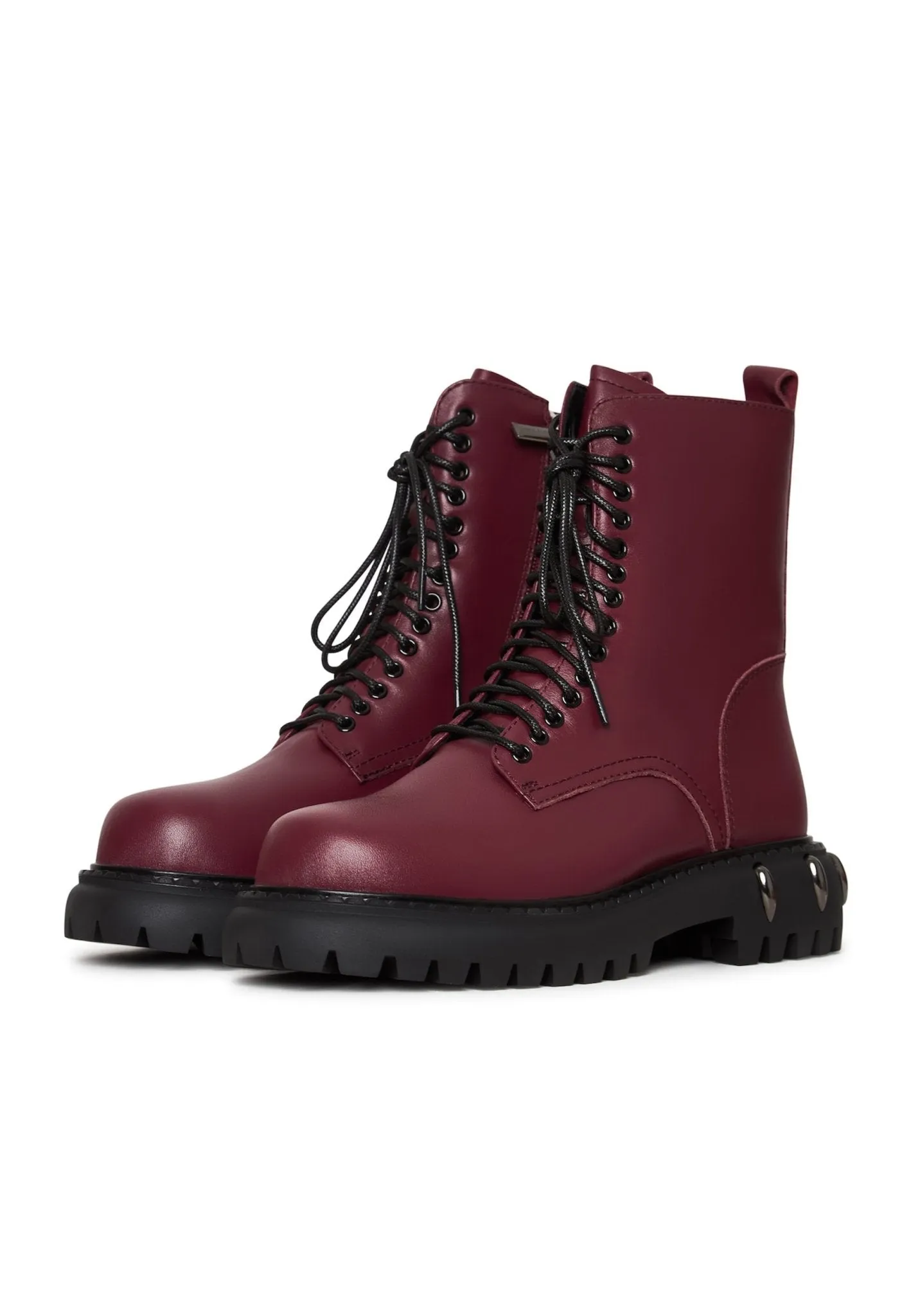 Lace-Up Combat Boots with Chunky Sole - Bordeaux