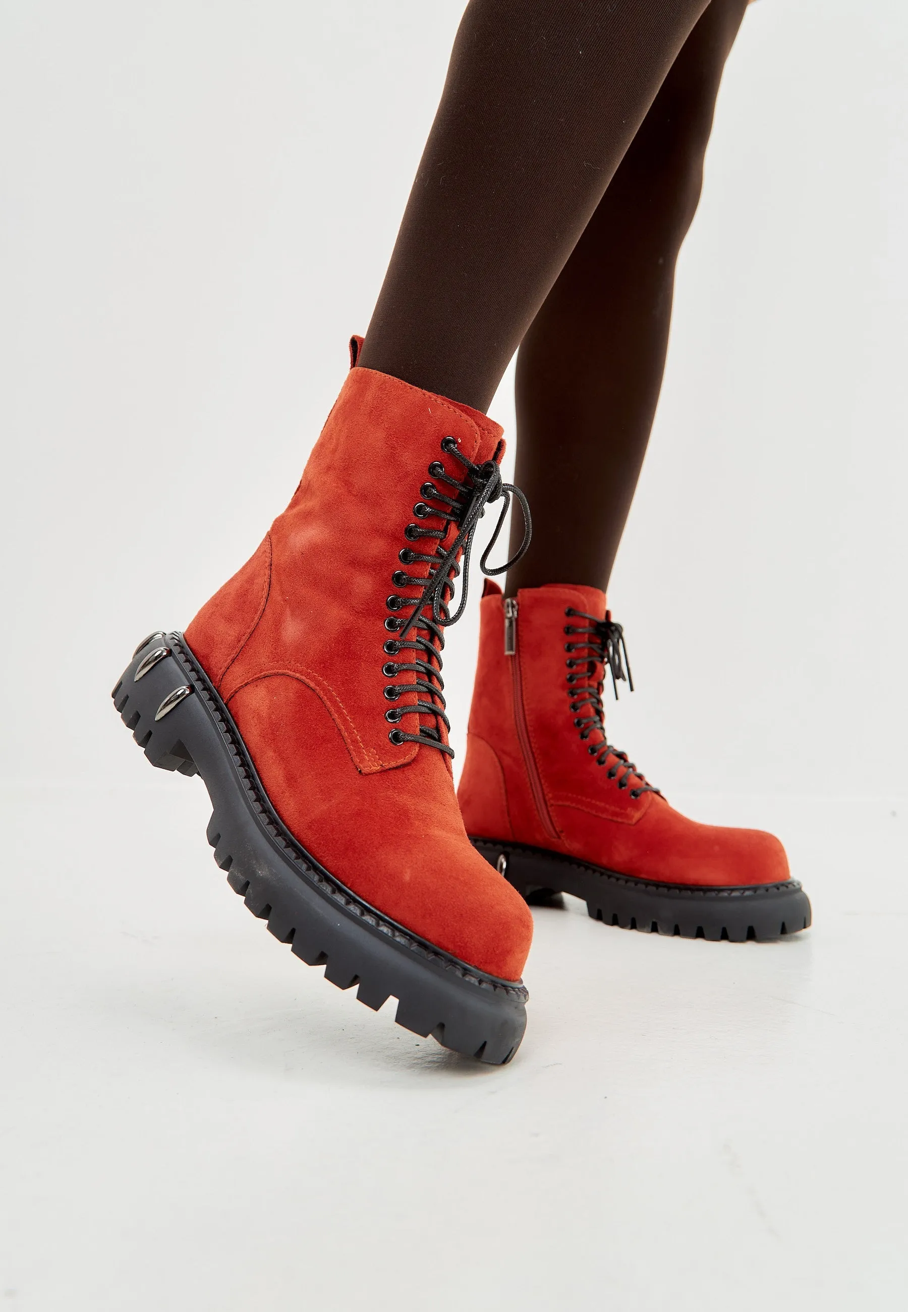 Lace-Up Combat Boots with Chunky Sole - Red