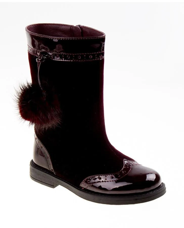 Lauren Burgundy Velvet Pom Pom Girls Boots