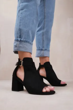 LISA BLOCK HEEL WITH SIDE BUCKLE AND OPEN TOE FRONT IN BLACK SUEDE