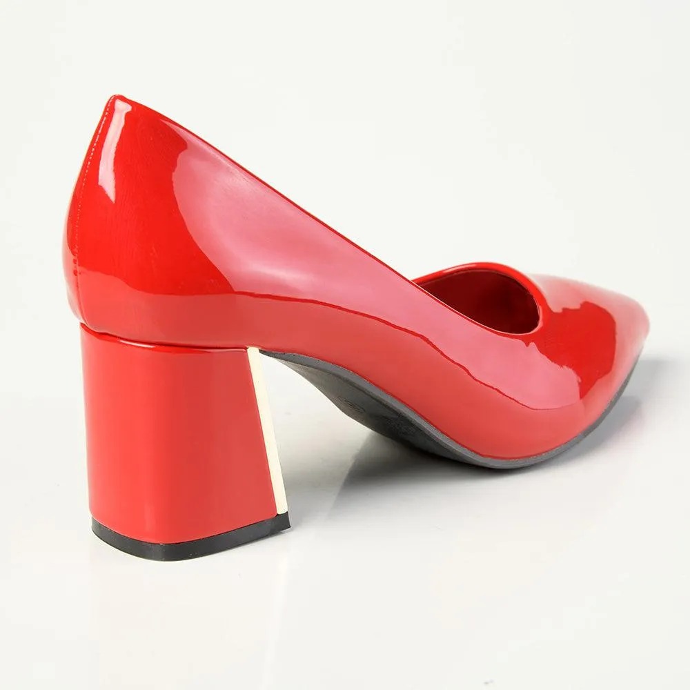 Madison Gold Low Block Heel Court - Red Patent