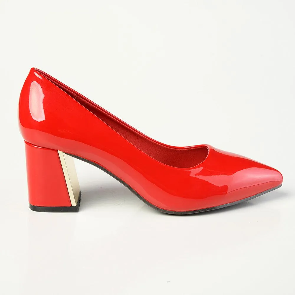 Madison Gold Low Block Heel Court - Red Patent