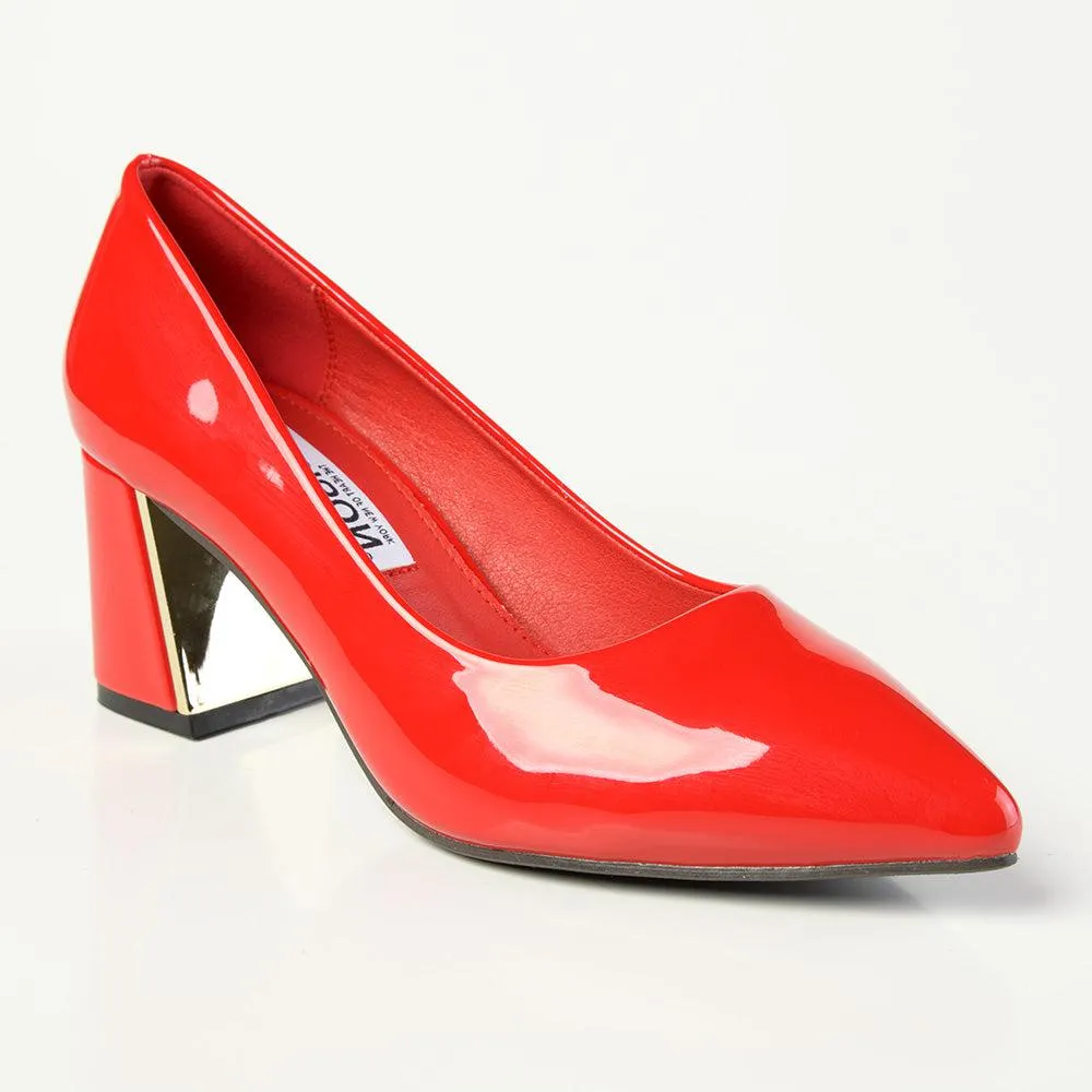 Madison Gold Low Block Heel Court - Red Patent