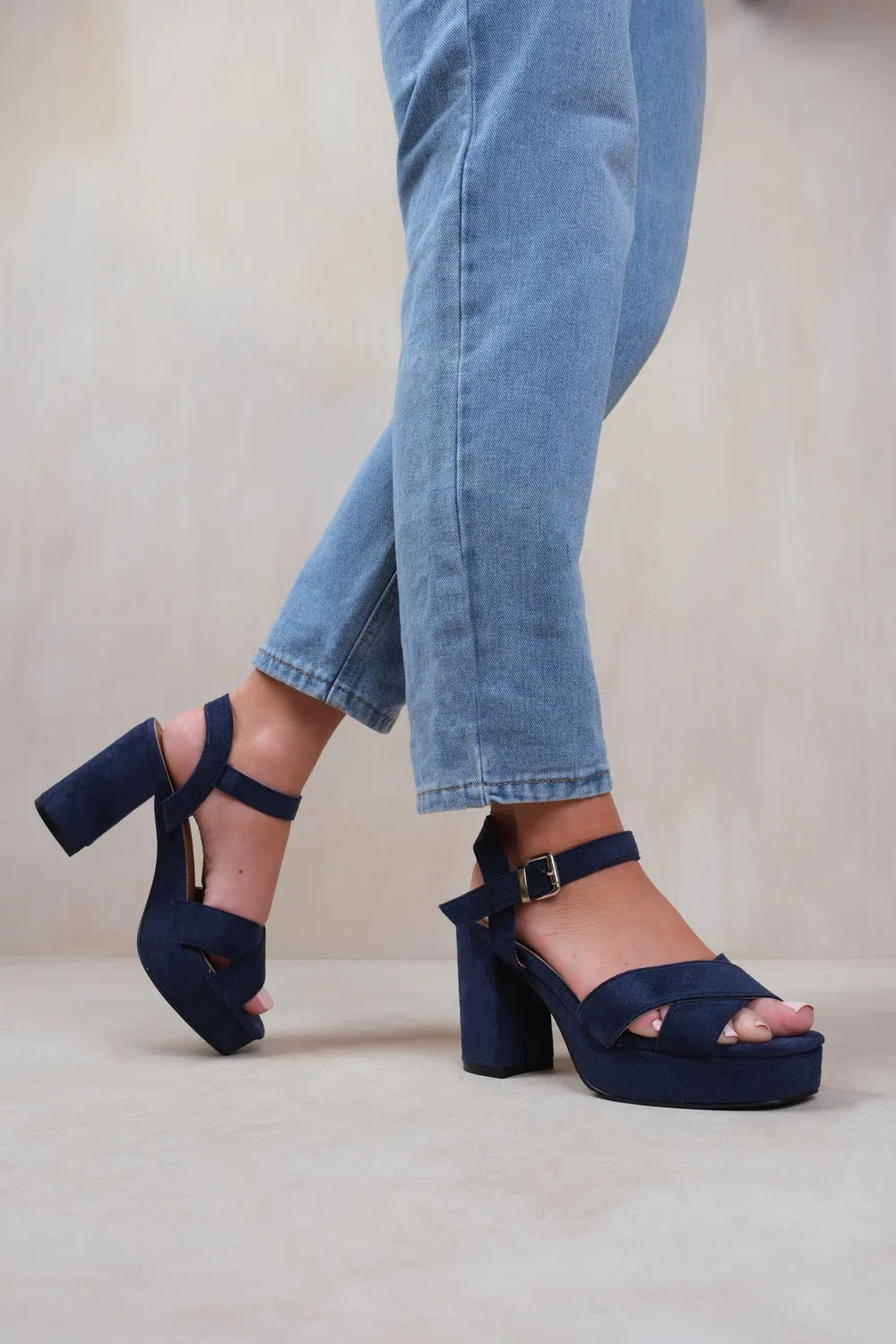 MARCIA WIDE FIT STATEMENT PLATFORM STRAPPY BLOCK HIGH HEELS SHOES IN NAVY SUEDE