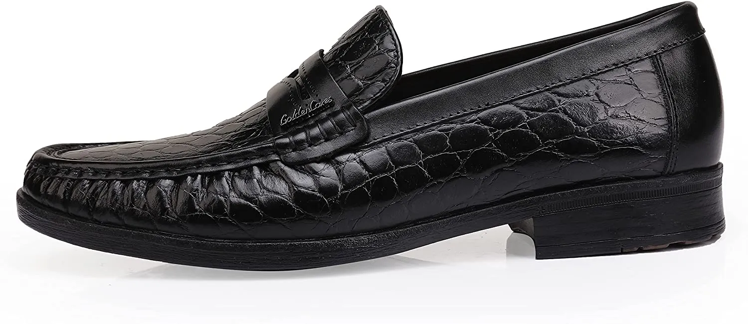 Men's Crocodile Printed Black Leather Slip-On Penny Loafers