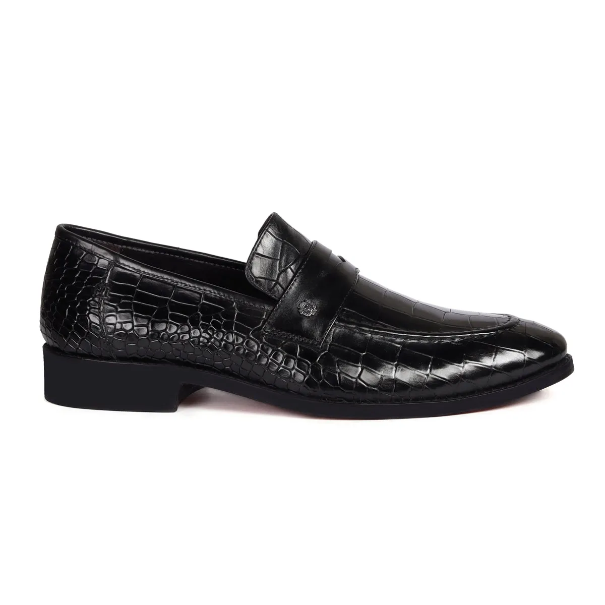 Mod Look Penny Loafers with Triangular Cut-Strap in Black High Quality Croco Textured Leather